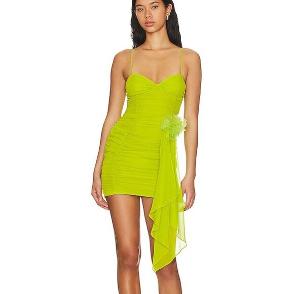 NEW FOR LOVE AND LEMONS LORLAI RUCHED CHIFFON MINI DRESS IN LIME GREEN SIZE S - Picture 1 of 16